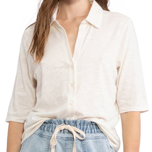 SANCTUARY Point-Collar Button-Down Elbow-Sleeve Slub Top Ivory XL NWOT - Picture 1 of 8